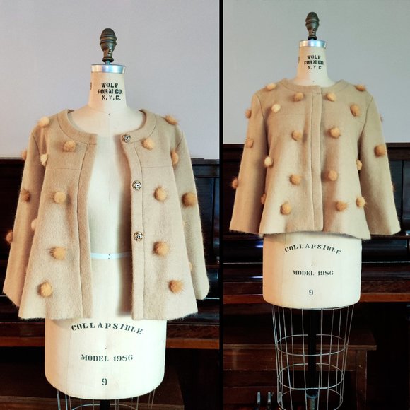 EUC Bess Tan Cropped Jacket with Furry Beige Pompoms – Small Veste Petit - Picture 3 of 7